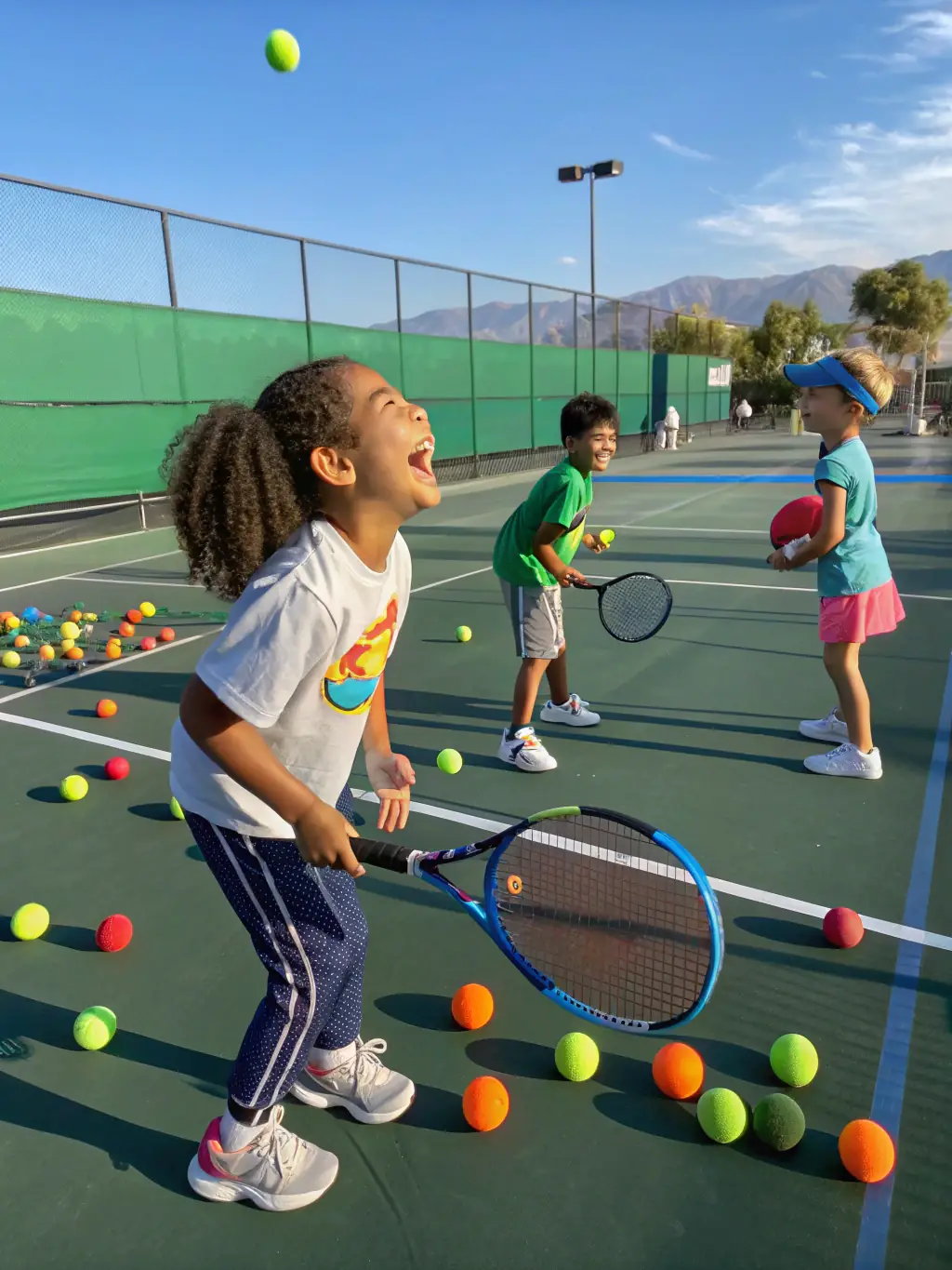A dynamic shot of a junior tennis clinic in action, with kids learning forehand techniques under the guidance of an instructor on a sunny court at TCN.