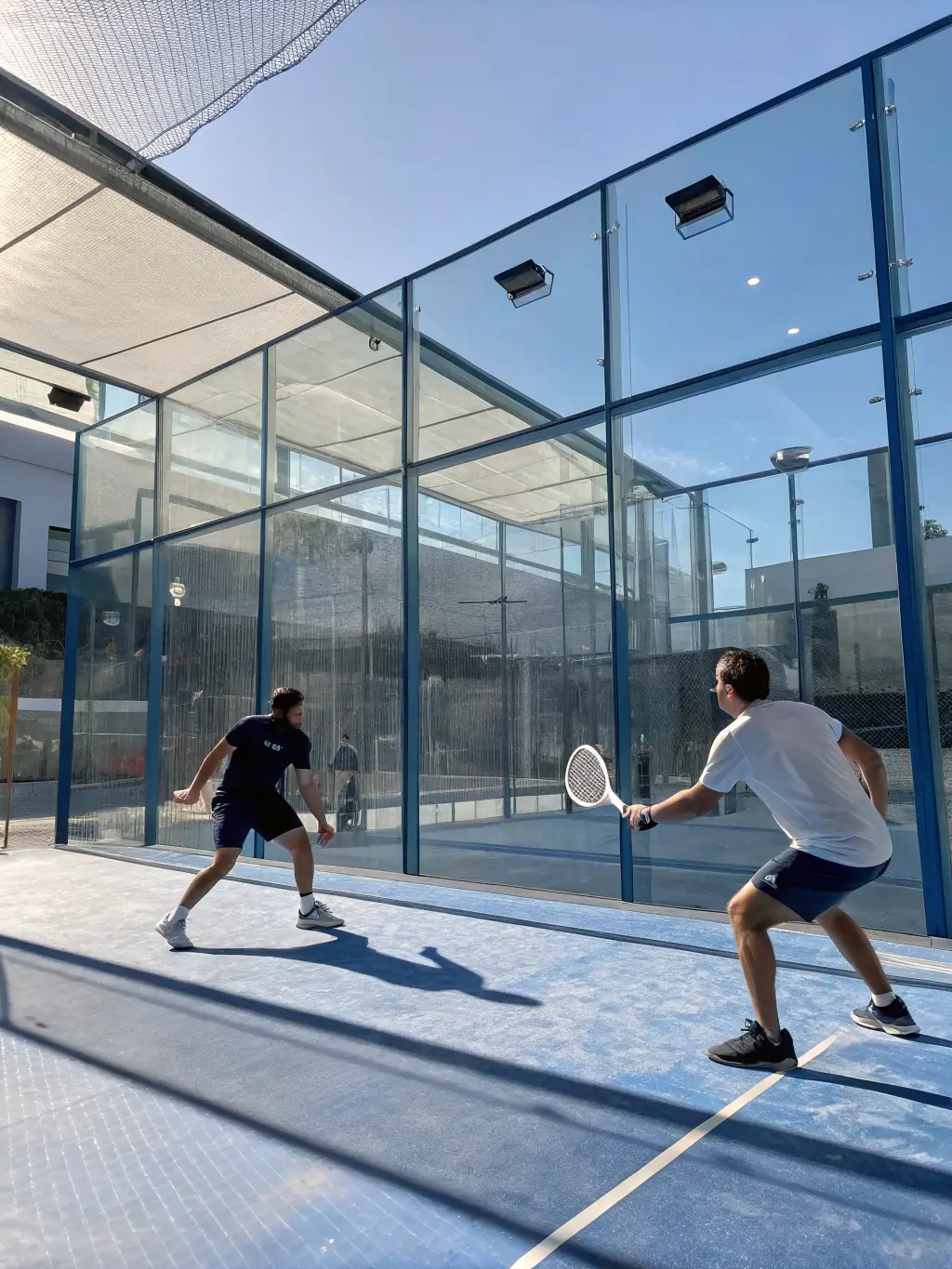 A high-energy image of adults participating in a padel training session, showcasing the fast-paced and social nature of the sport at TCN.