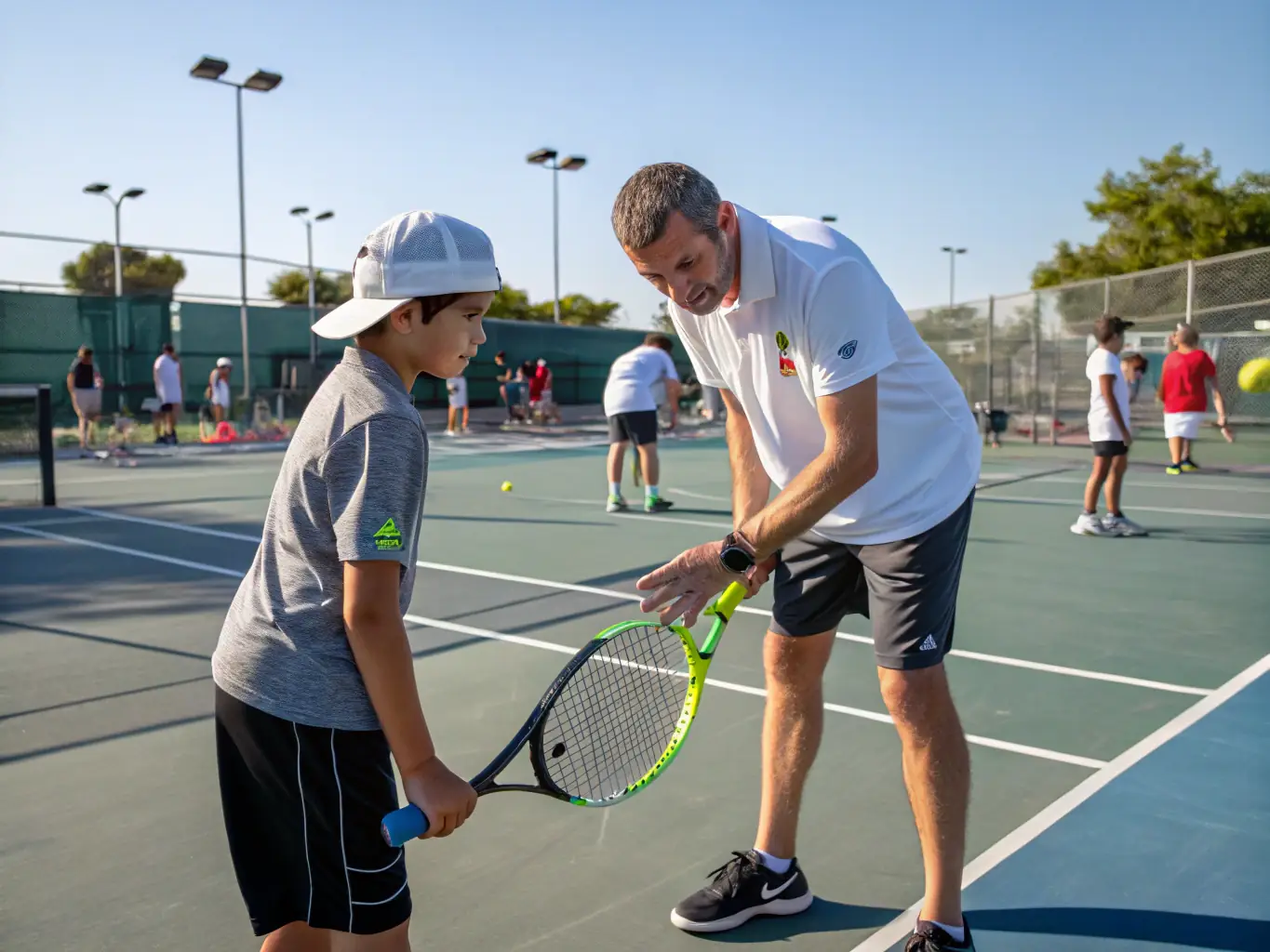 A dynamic shot of a tennis coach providing personalized instruction to a player on the court, emphasizing the one-on-one attention and tailored training programs available at TCN.