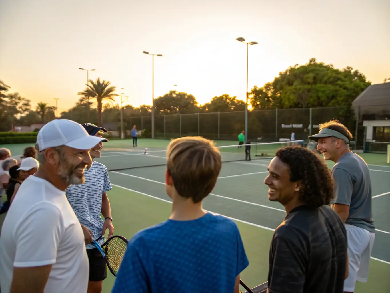 A group of tennis players of varying ages and skill levels participating in a friendly match on one of TCN's well-maintained courts, showcasing the club's inclusive and competitive environment.